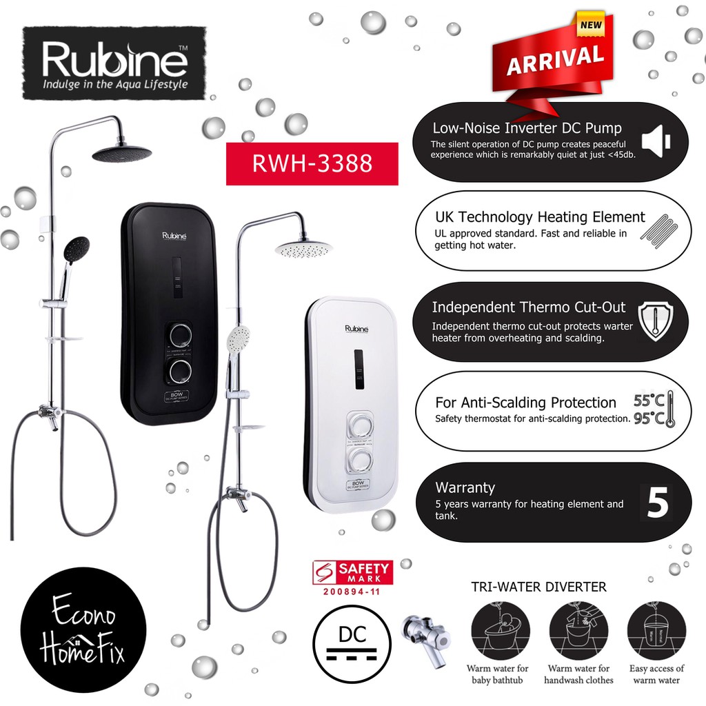 [ Rubine ] Rwh-3388 Instant Water Heater W  Rain Shower & Inverter Dc 