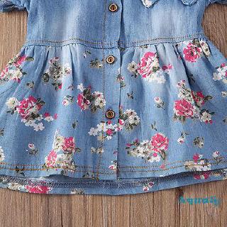 ℛCute Baby Kids Girls Denim Floral Short Sleeve Dress Bowknot Sundress Skirt #7
