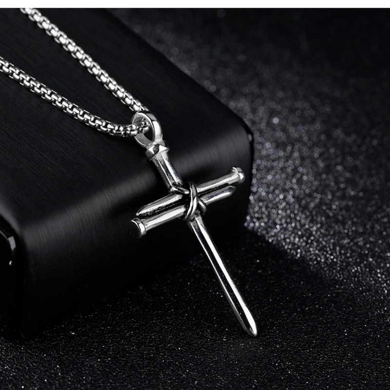 Image of Vintage Stainless Steel Necklace Men Nail Cross Pendant-Chain Necklace Mens Jewellery Christian Church Baptism Gift #4