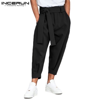 INCERUN Men Casual Solid Color Elastic Waist With Belt Baggy Long Pants