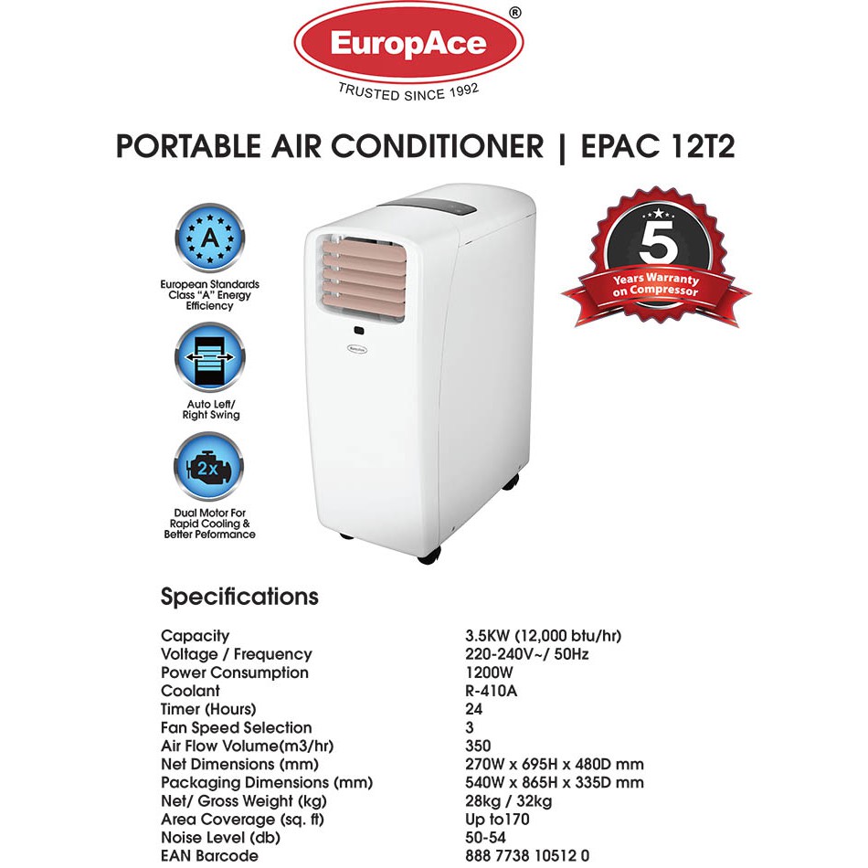 Europace 3 In 1 12k Btu Portable Aircon Epac 12t2 12t3 In Stock Now Shopee Singapore