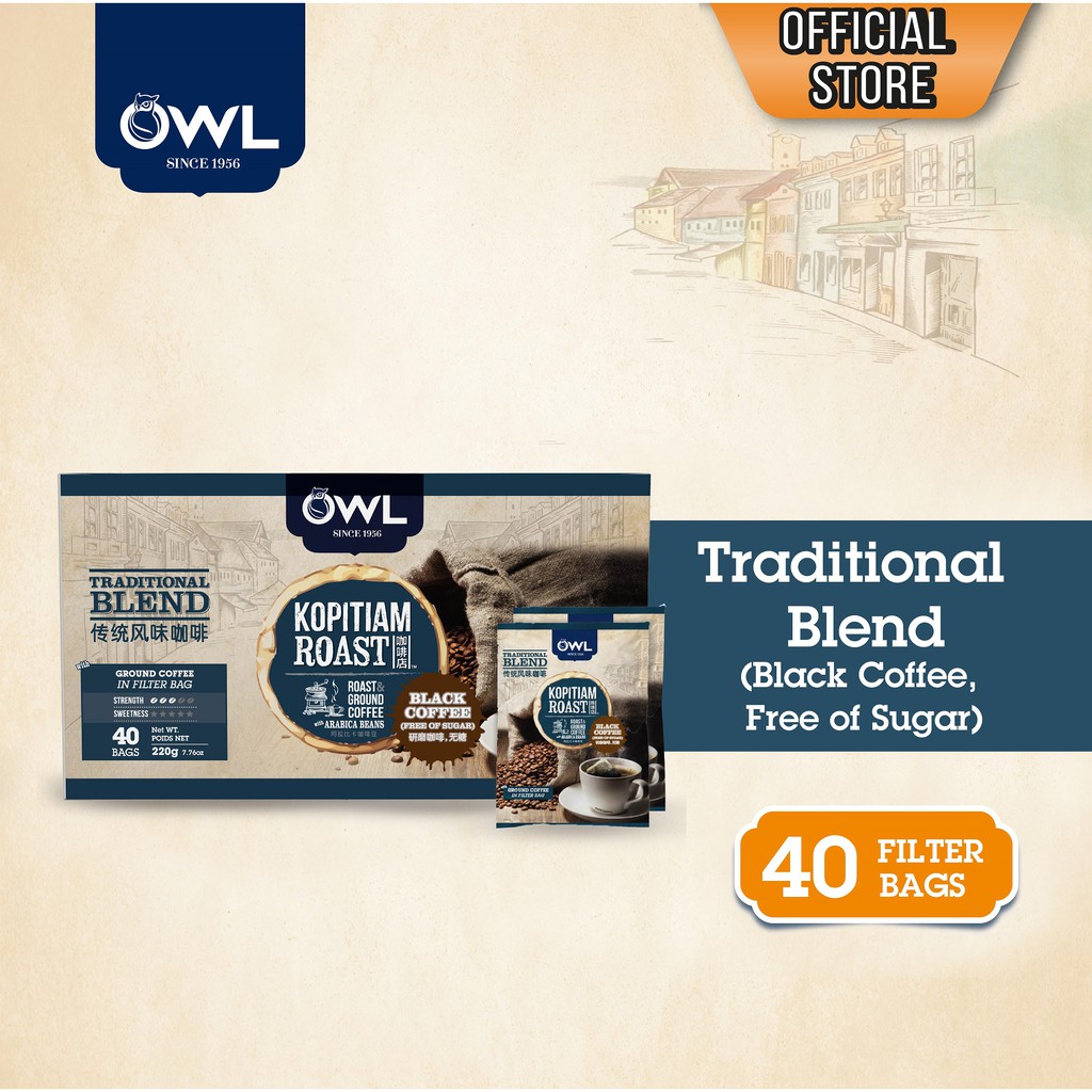 OWL Kopitiam Roast & Ground Coffee Traditional Blend, 40 sachets