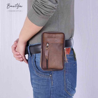 Men Cowhide Leather Waist Bum Pack Casual Small Mobile Phone Zipper Pouch [BeautYou.sg] #4