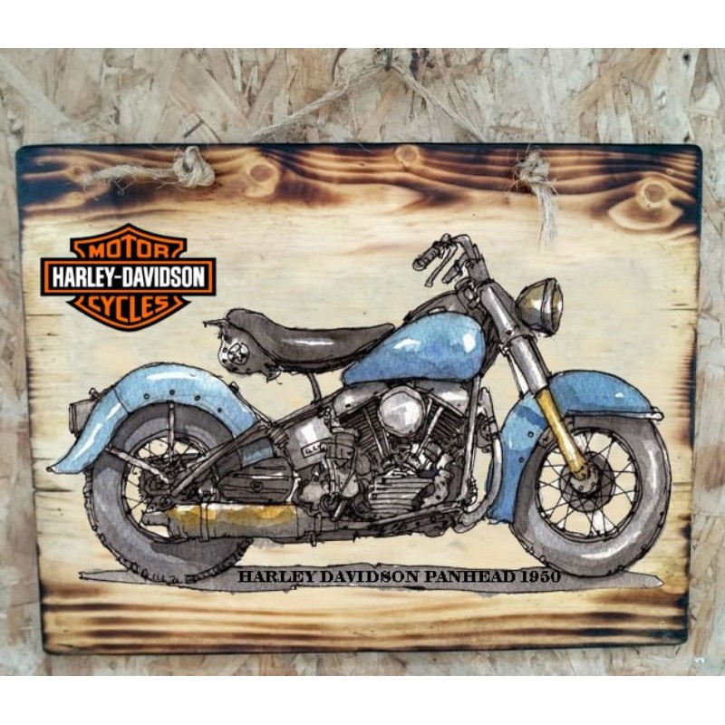 1950 Panhead Vintage Harley Davidson Wooden Painting Cafe Restaurant