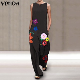 Image of VONDA Women Casual Sleeveless Floral Printed Wide Leg Long Jumpsuits