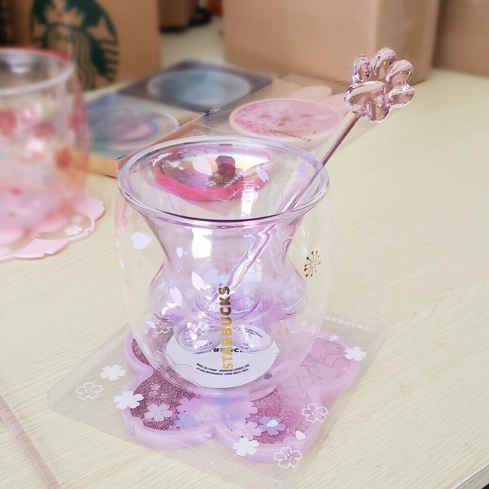 Starbuck Sakura Purple Cat Paw Mug Double Wall Glass Cup Bear Coaster Claw  Stir | Shopee Singapore