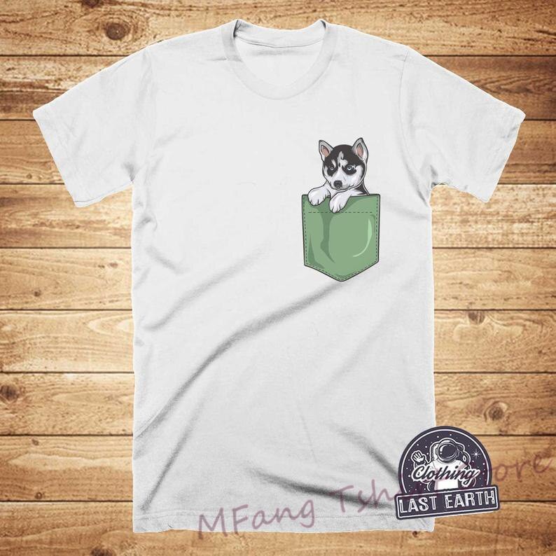 Husky Pocket T-Shirt Funny Dog Pocket 100% Cotton T-shirt | Shopee Singapore