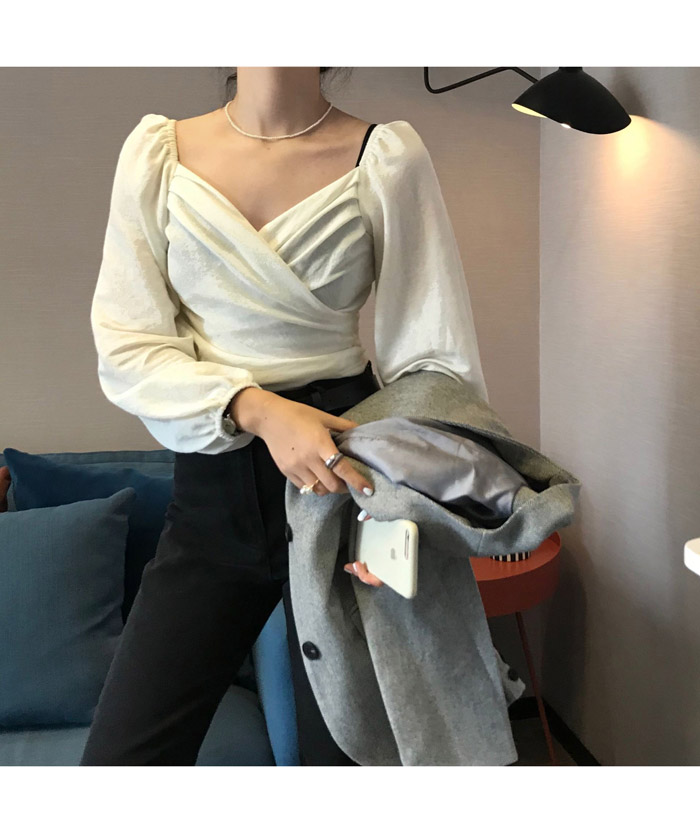 Image of SUXI Korean Style New Women's Lantern Sleeves V-neck Shirt #8