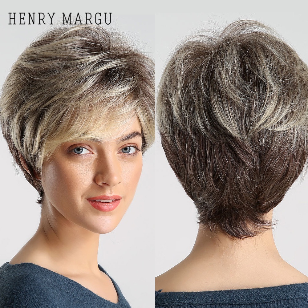 HENRY MARGU Dark Root Ombre Brown Blonde Short Hair Wigs Fluffy Pixie Cut  Synthetic Wig for Black | Shopee Singapore