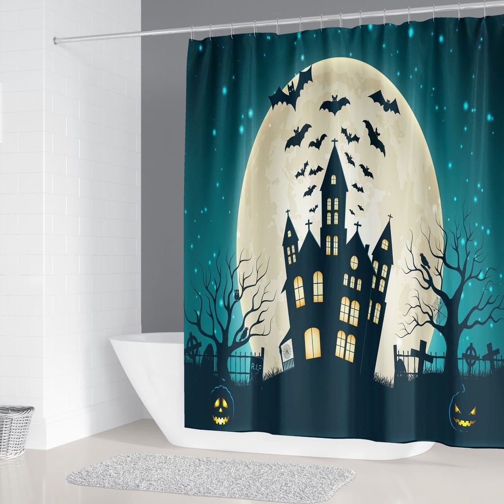 Witch Castle Moonlit Halloween Shower Curtain Bathroom Waterproof Fabric 12Hooks