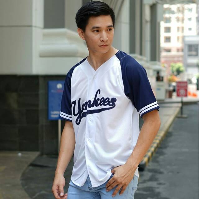 navy blue and white baseball jersey