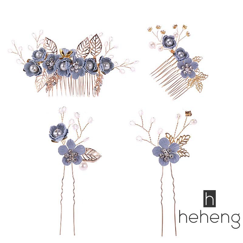 Ready Blue Handmade Flower Wedding Hair Comb Bridal Hair Pin