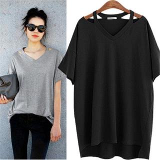 【Plus Size/40-150KG/3Colors】Sexy Women Plus Size Solid Color T-shirt Short Sleeves BIg Loose Pure Color Summer Tee Maternity Pregnancy T-shirt Round Neck Casual Top Fashion Big Size Medium-Long Length T-shirt