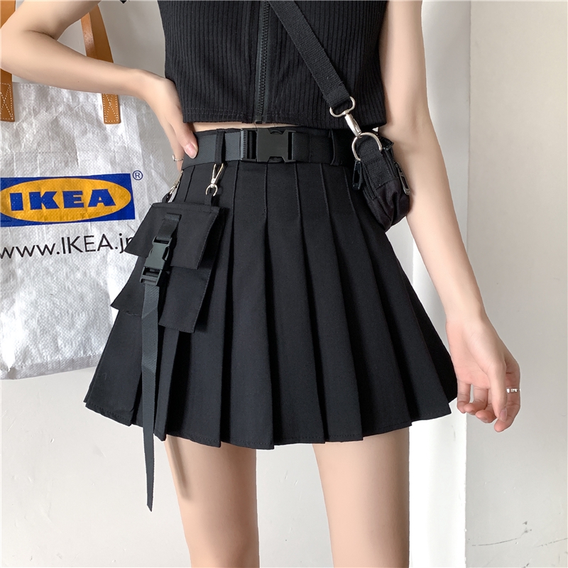 S 5xl Plus Size Korean Style High Waist Skirt Women Black Mini Pleated Skirt With Belt And Pocket Shopee Singapore