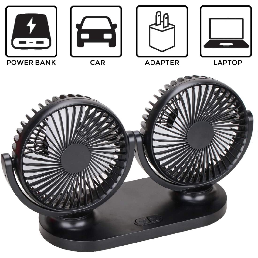 3 Speeds Strong Wind 2021 Portable Car Fan 300 Degree Rotatable Auto Cooling Desk Fan for SUV RV Truck Sedan Boat Vehicles Dashboard Home Office Adjustable Dual Head Mounted USB Electric Fan 