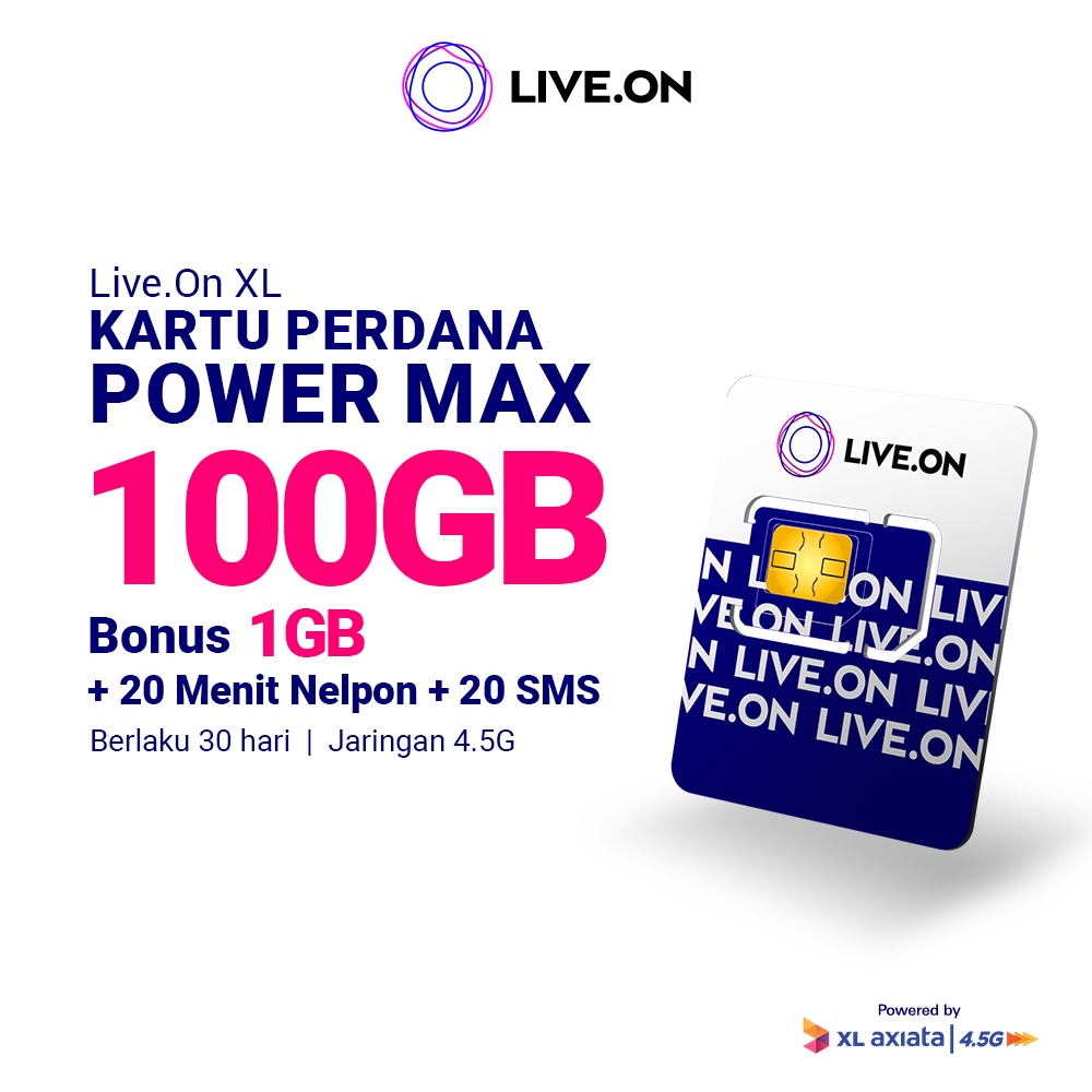 Live.On Kartu Perdana Power Max 100GB + 1GB (30 hari) Jaringan 4.5G + 20 Menit Nelpon + 20 SMS