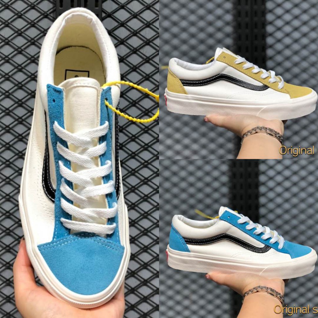 yellow and white low top vans