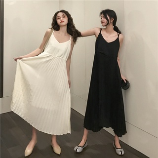 Image of thu nhỏ [SG LOCAL]premium quality simple fashion v neck sling pleated long maxi dress #1