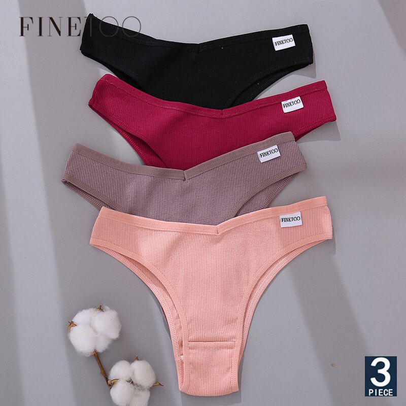 FINETOO Cotton Brazilian Panties Women Sexy V Waist G-String Underwear Female T-back Underpants M-XL