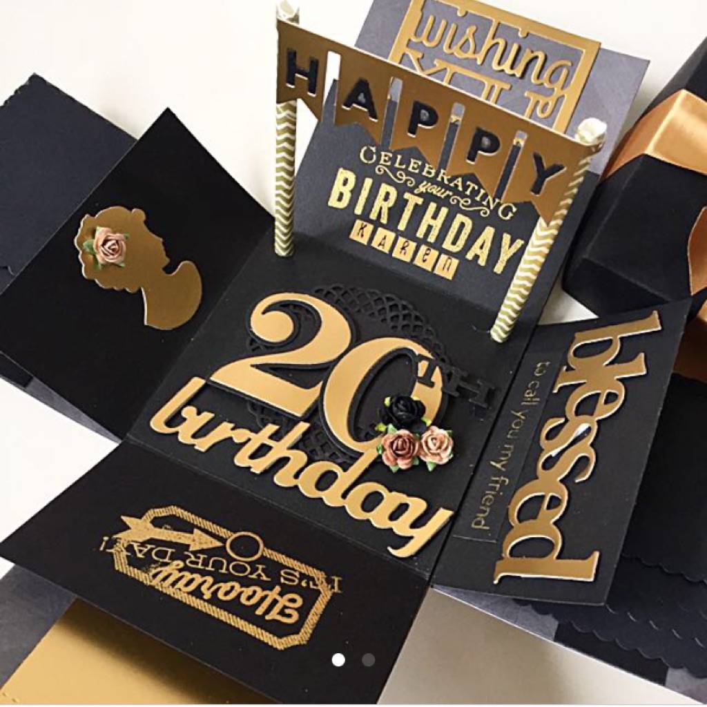 Happy 20th birthday explosion box card in gold and black ...