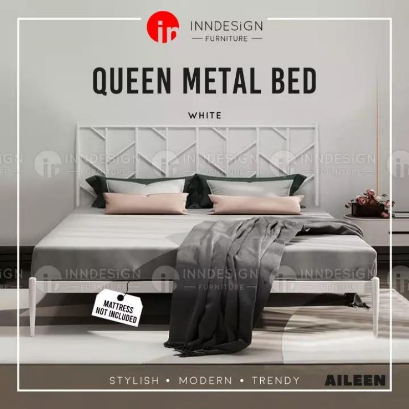 AILEEN Queen Metal Bedframe Metal bed (White/ Black Color) Shopee