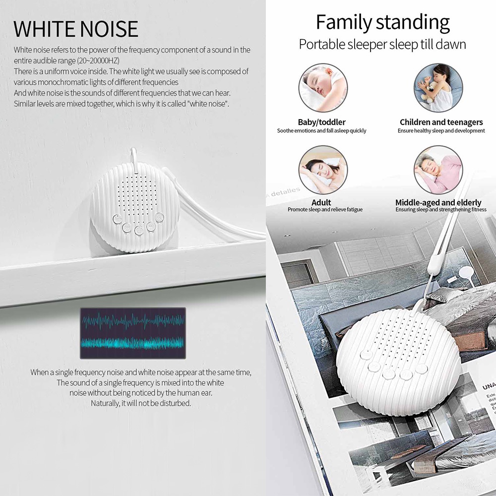 SQC Portable Baby Sleep Machine White Noise Sound Machine 10 Soothing Sounds 15/30/60min Timer Volume Adjustable Built-in Rechargeable Battery with Lanyard USB Charging Cable