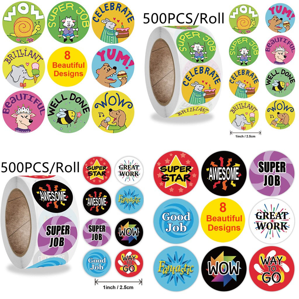 500pcs 1 Inch Star Reward Stickers Roll,Teacher Reward Motivational Sticker for Children Student,Self-Adhesive Labels Stickers with 8 Design for Teacher Parents Classroom School 
