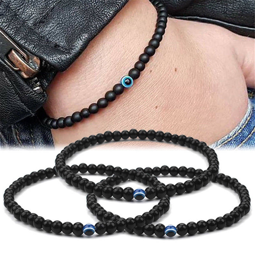 Turkish Evil Eyes Bracelet Black Natural Stone Beads Obsidian Men
