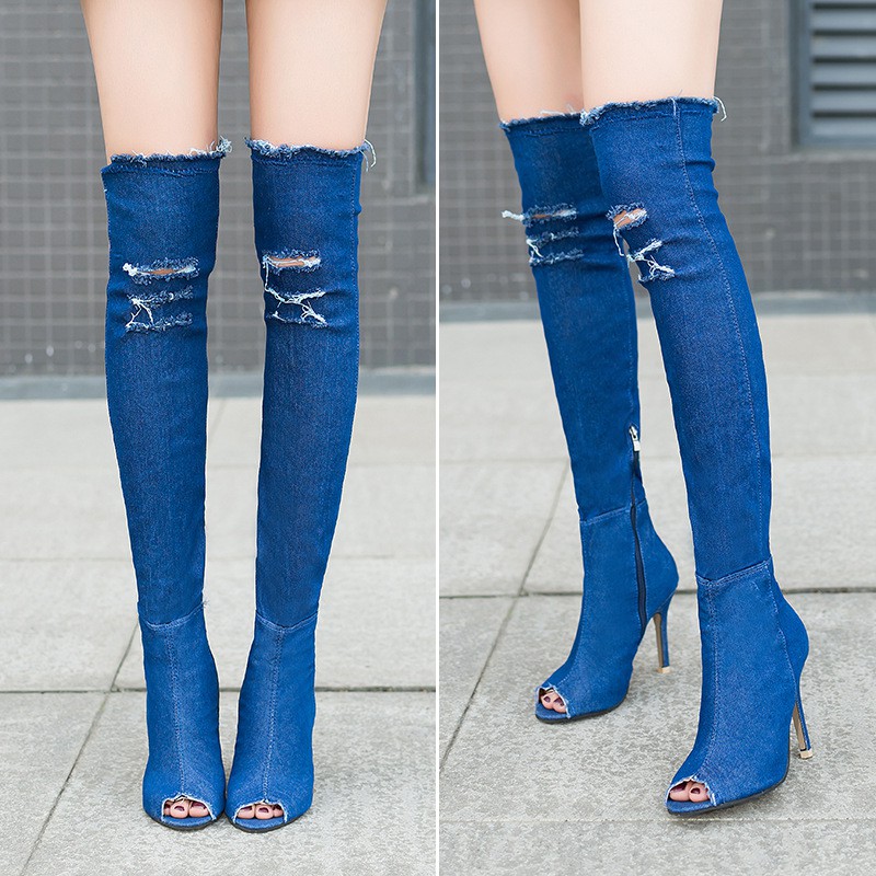 denim peep toe thigh high boots