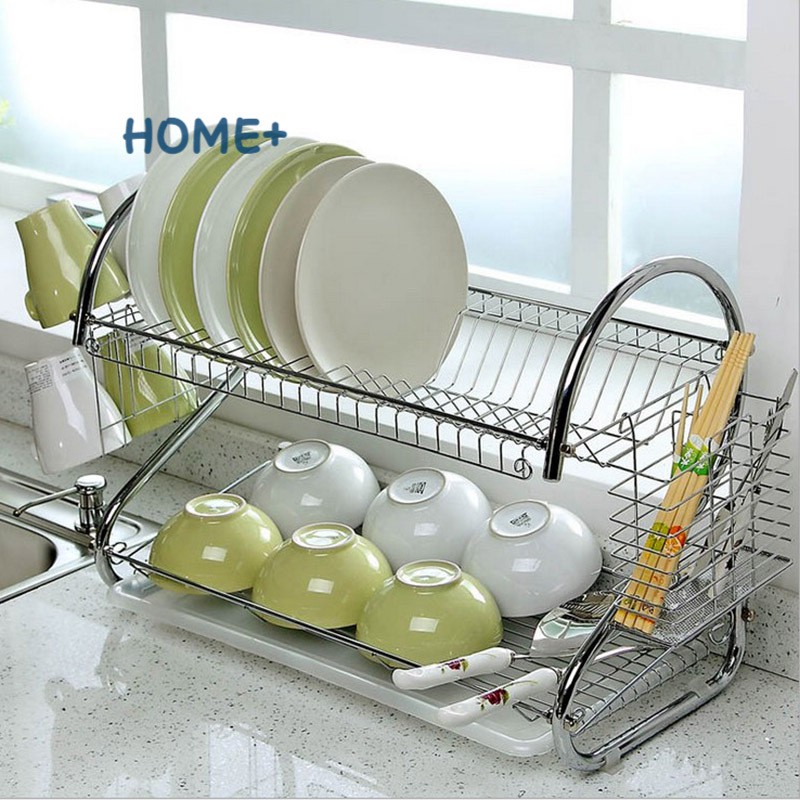 Large Dish Drying Rack Cup Drainer 2-Tier Strainer Holder Tray Stainless Steel Dish Rack With Drainer Tray