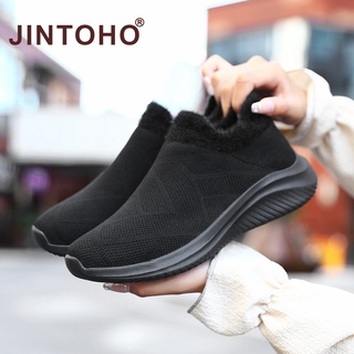 【JINTOHO】Plus Size 35-45 Unisex Loafers Fashion Warm Fur Men Shoes Slip On All Black Shoes For Men And Women #0