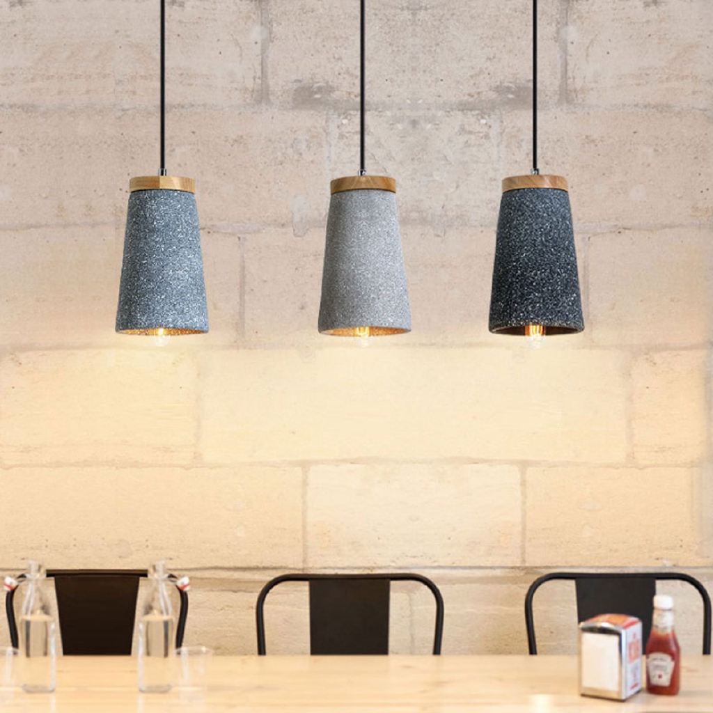 Concrete Ceiling Light Shade Wood Modern Loft Room Bar Led Pendant Lamp Fixtures