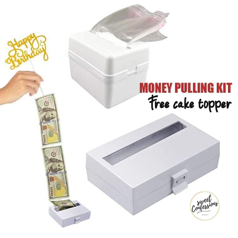 20 Connected Pockets Food Prep Materials 5 Gluedots and Happy Birthday Topper Cake Money Dispenser Kit Tiktok Cake ATM Cake Money Pull Out Kit includes Cake Money Box with Bags 1 Money Pocket Lid 