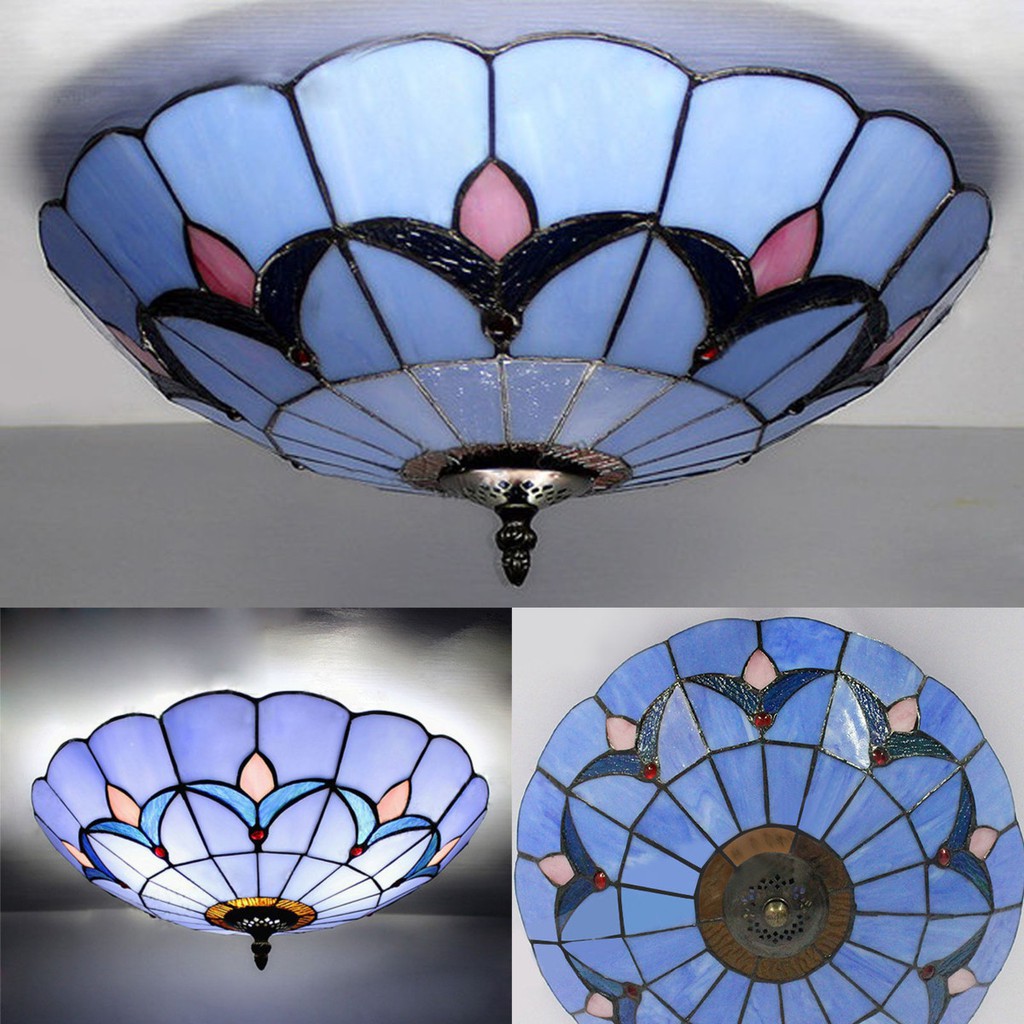 ღgb Vintage Simple Style Stained Glass Flush Mount Ceiling Pendant Light Fixture