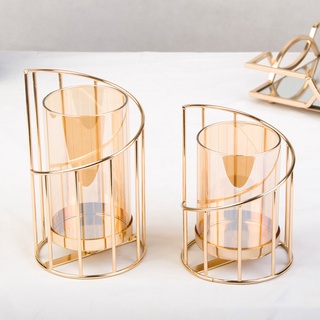 2Pcs Durable Candleholder Lantern Decorative Box Romantic Iron Candle Holder Candle Cup for Wedding Ornament Table Decoration Golden Iron Frame Candlestick