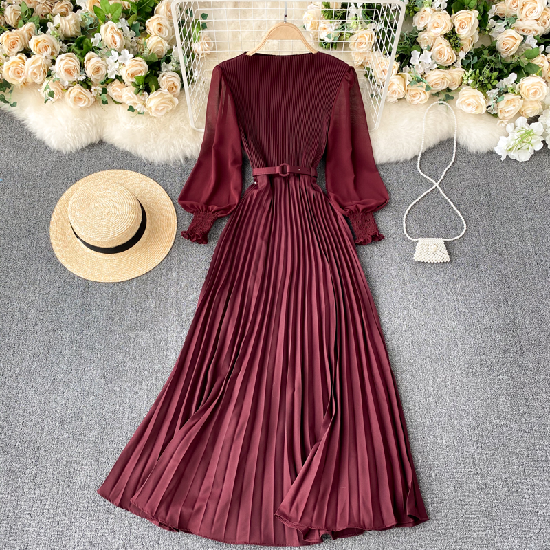 Autumn Fashion Streetwear Long Dress Design French Pleated Maxi Dress Women Elegant O Neck Long Slee
