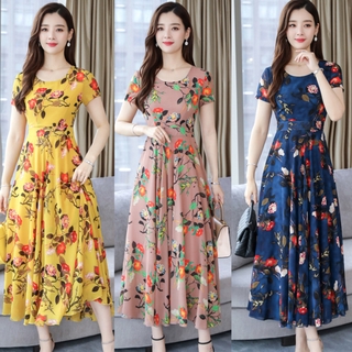 Women's Maxi Dress Summer Floral Print Flower Dress Round Neck Short Sleeve Casual Long Maxi Dress