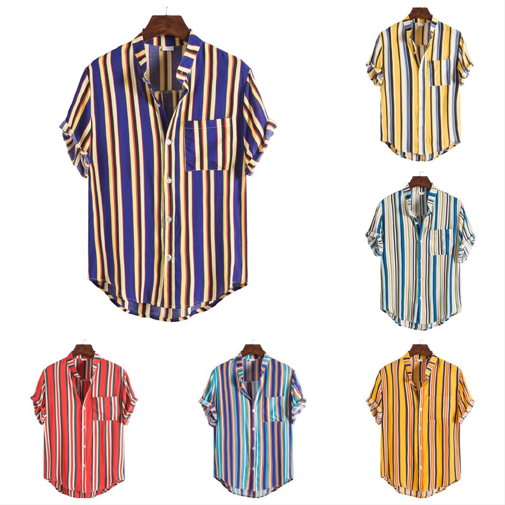 Summer Cool Multi-color Vertical Striped Button Down Short-sleeved ...