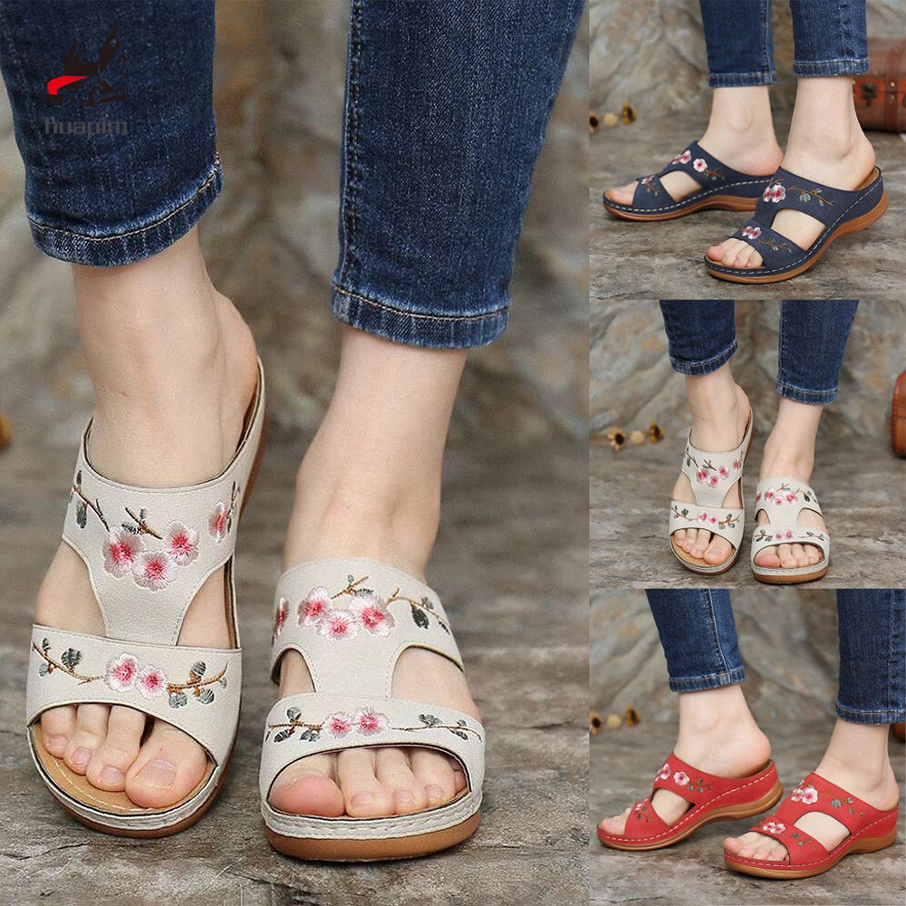 Blue,8 Flower Embroidered Vintage Casual Wedges Sandals,Stylish Embroidered Sandals,Summer Retro Fashion Beach Platform Slippers for Women,Arch Support Comfortable Orthopedic Sandals 