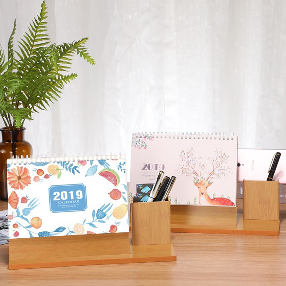 With Pen Container Desk Flip Organizer Desktop Wooden Calendar