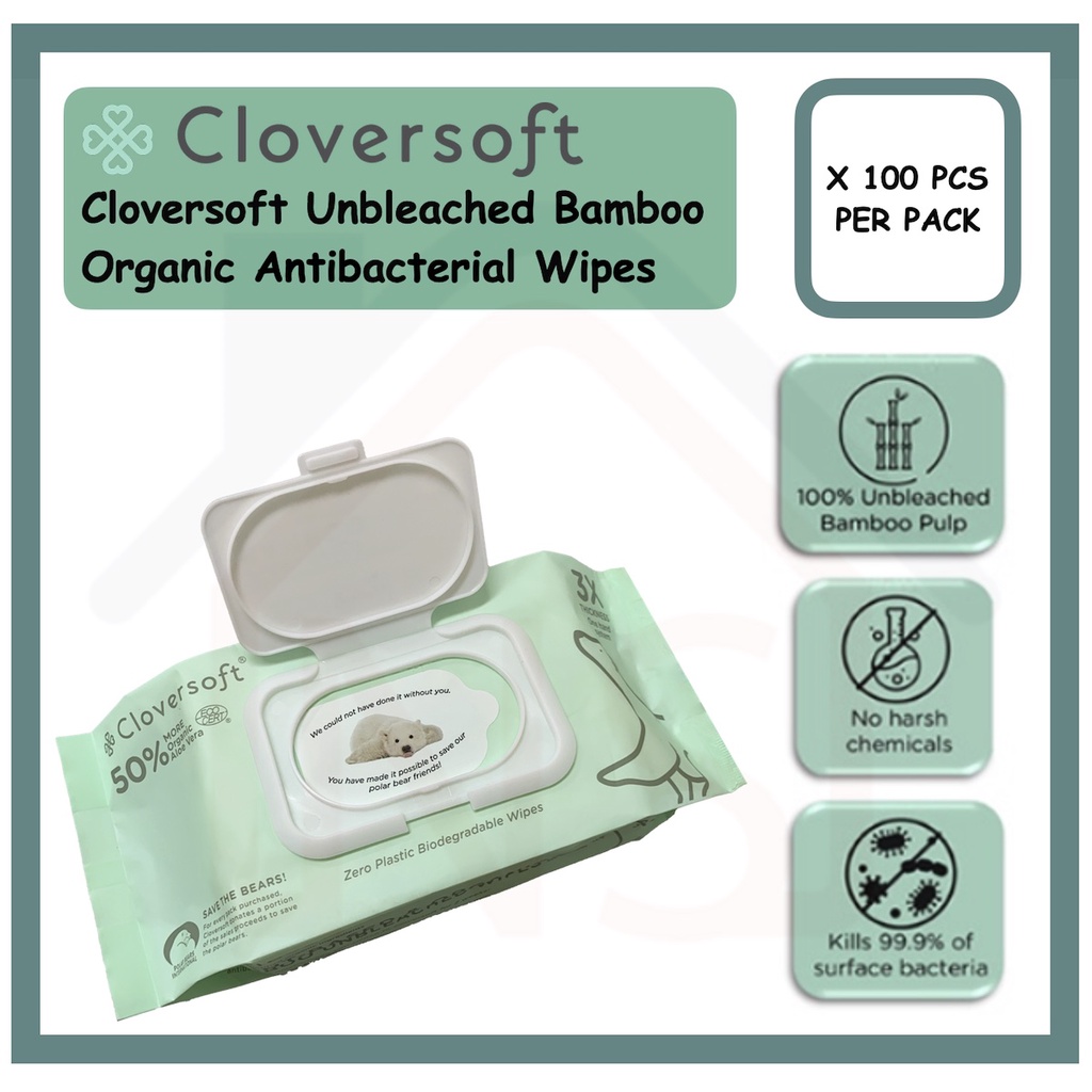 CLOVERSOFT Unbleached Bamboo Organic Antibacterial Wipes 100 sheets per ...