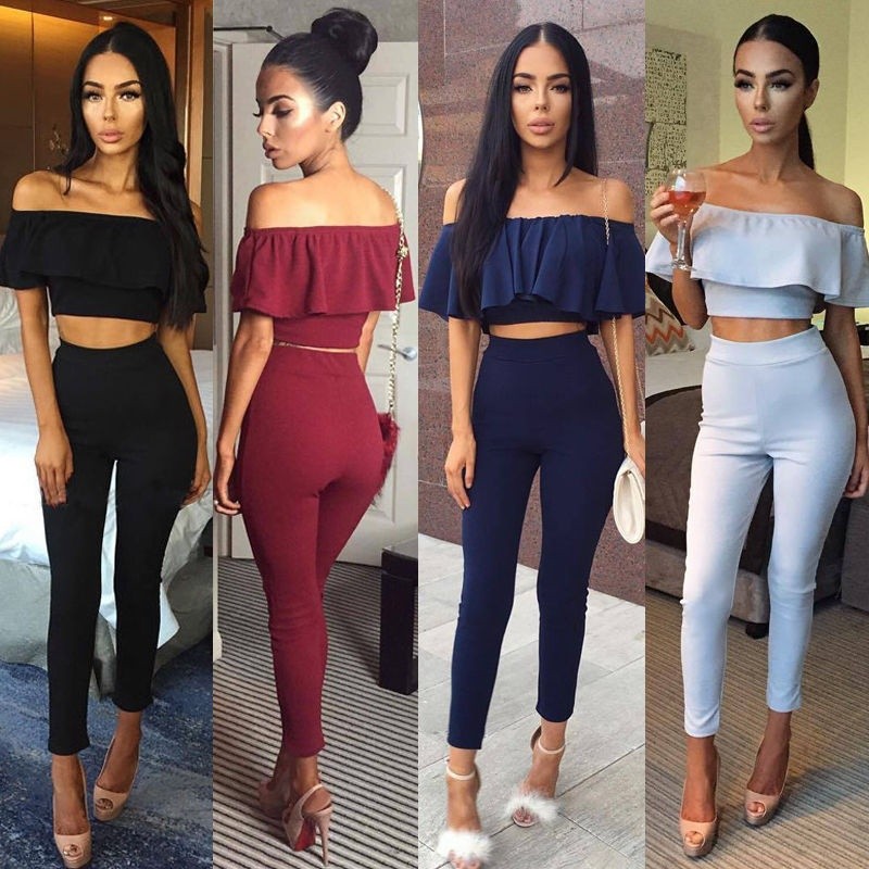 Women Crop Top Blouse + Pants Two-piece 