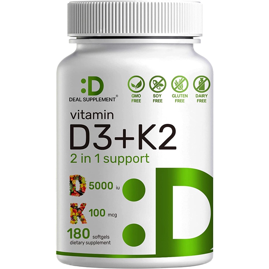 Vitamin D3 K2 Softgel, 180 Counts, 2-1 Complex, Vitamin D3 5000 IU ...