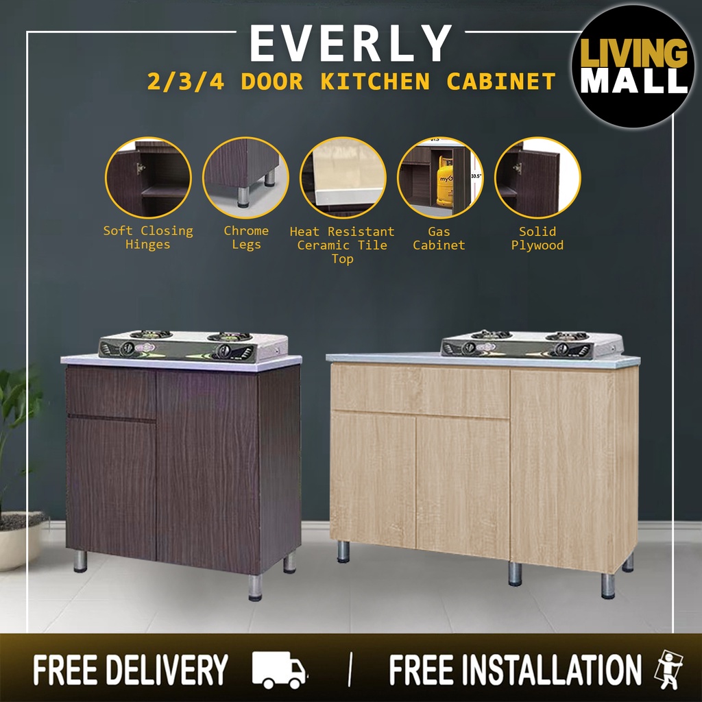 Living Mall Everly 2/3/4 Door Kitchen Cabinet Ceramic Tile Top with Gas Cabinet in 2 Color