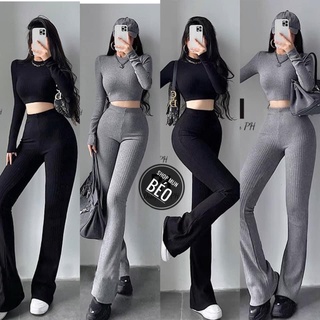 [New Model] Set Of Flared Long Pants With Long Sleeve Croptop Shirt Genuine T-shirt Suitable For Wearing To Work Out
