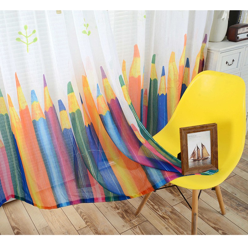 Cartoon Crayon Pattern Window Curtain Rod Pocket Voile Drape