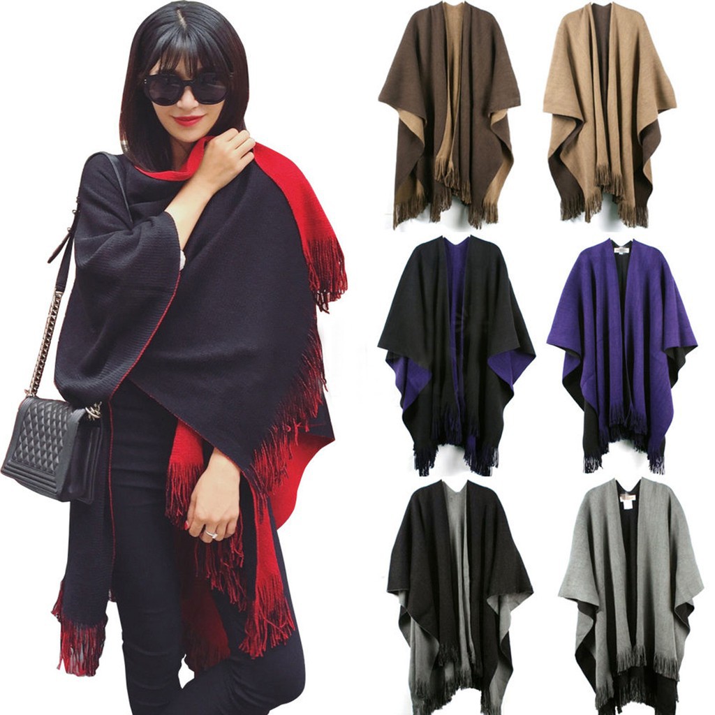 Womens Winter Knitted Poncho Tassel Fringe Split Cloak Shawl Cape Wrap Blmz Long Shopee Singapore