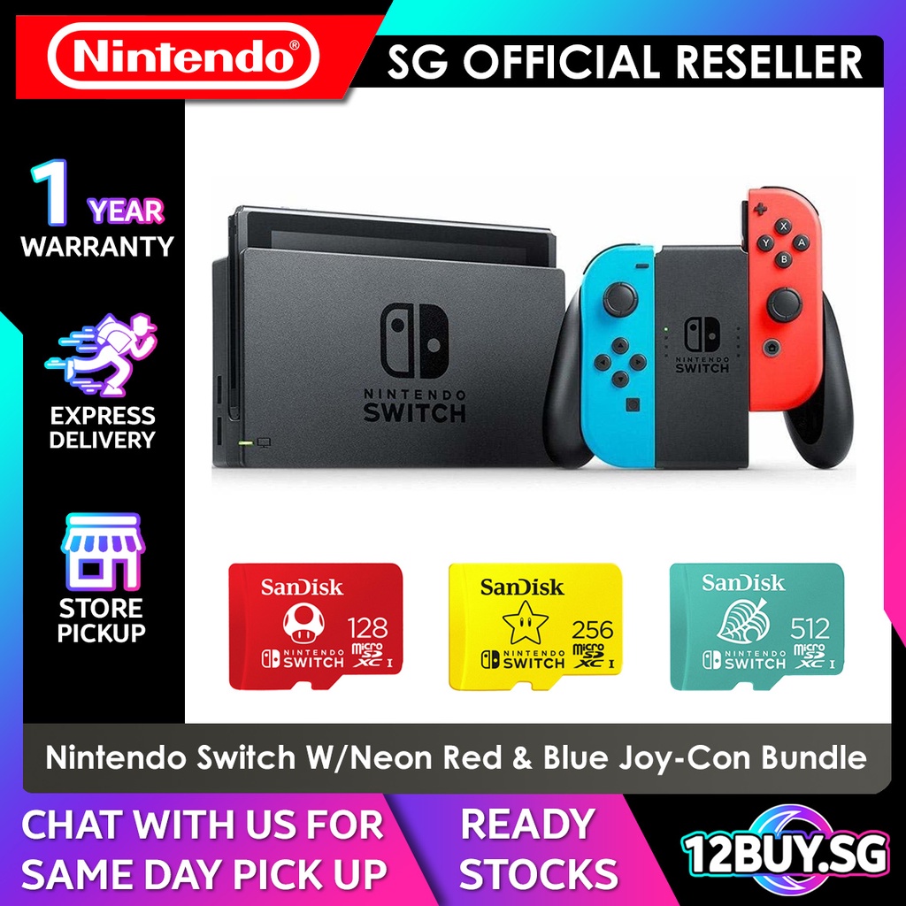 Nintendo Switch Console (Neon Red & Blue JoyCon) with SD Card Bundle