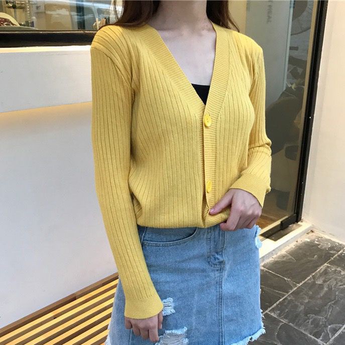Image of Spring Autumn Short V-Neck Knitted Long-Sleeved Cardigan Hong Kong Style Vintage Fashion Versatile Sweater Casual Solid Color Outer Girls Clothing Genuine Korean Must-Have #4