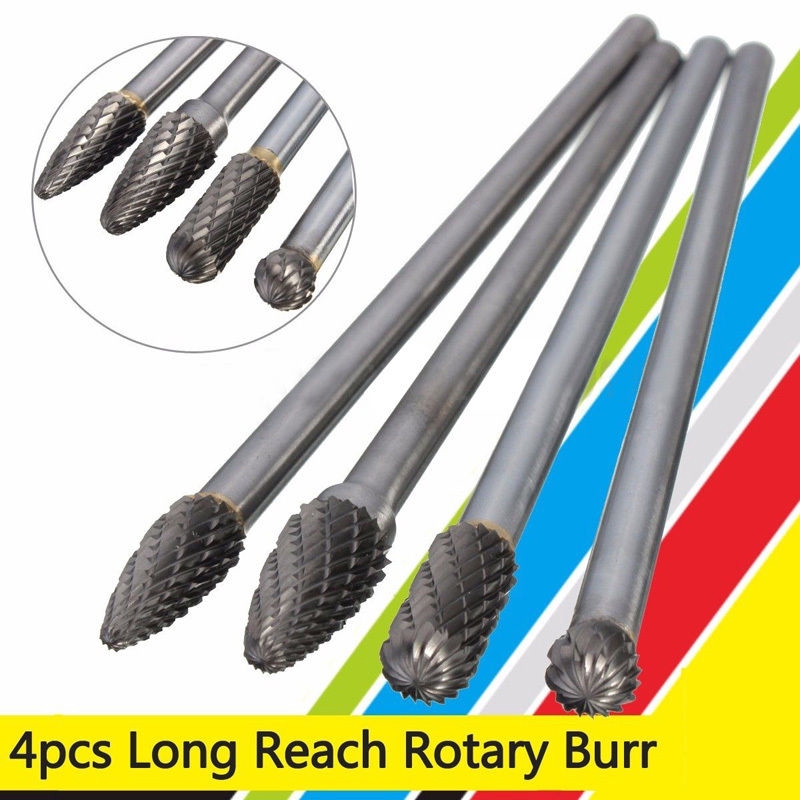 6/" Long Reach Rotary Burr 4pc Set Double Cut Tungsten Carbide Bit 1//4/" Shank